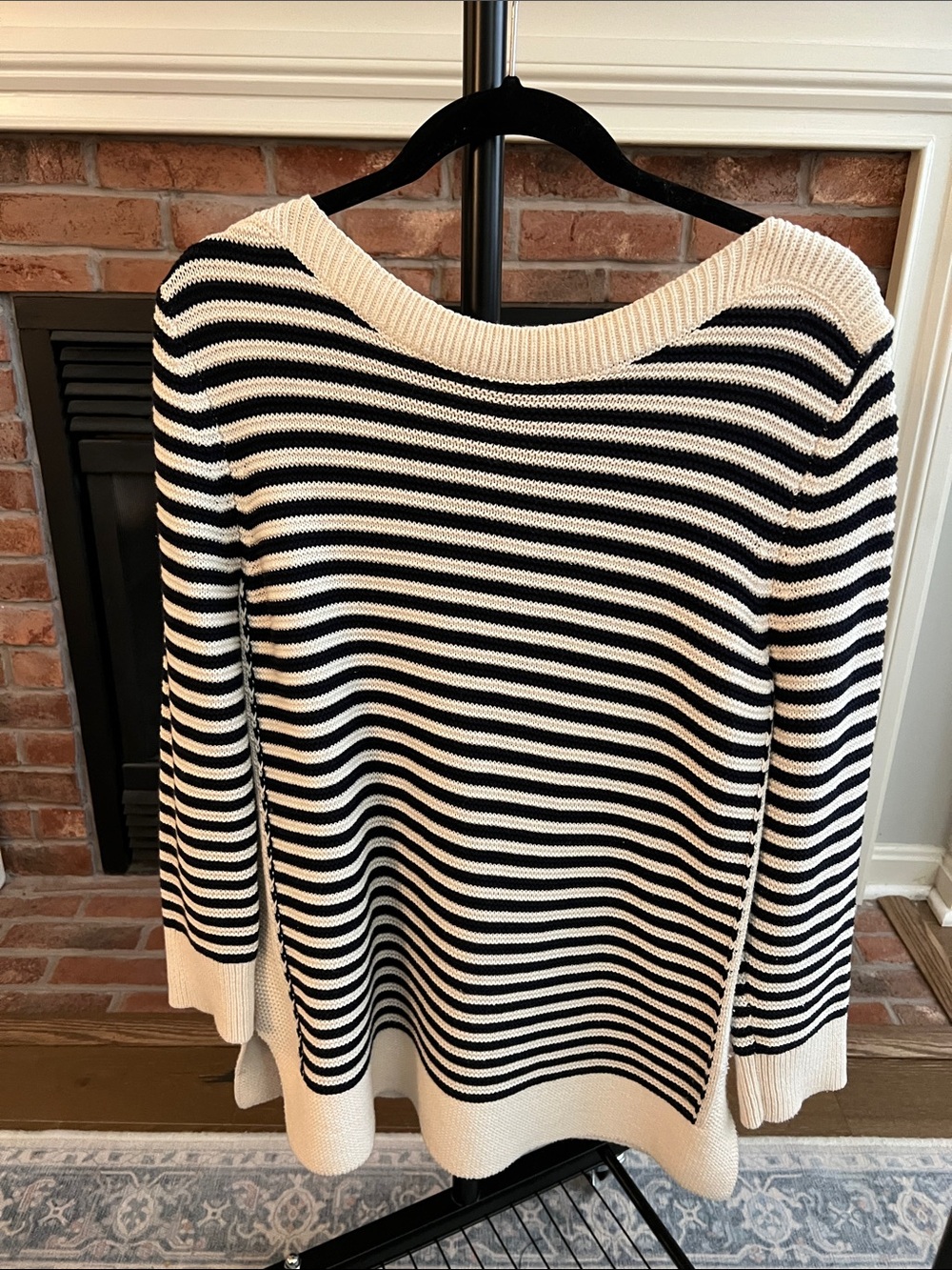 LOFT Black and White Striped Scoop Neck Sweater